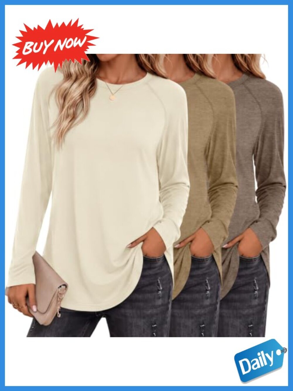 Womens Long Sleeve Tunic Tops Crew Neck Raglan Shirt 3 Pack Loose Fit